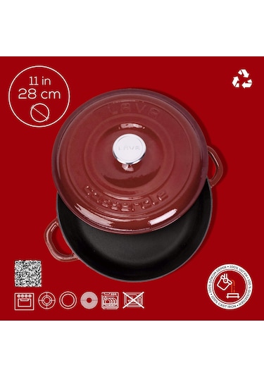 Lava Döküm Yuvarlak Çok Amaçlı Yayvan Tencere New Heritage Serisi Çap Ø 28cm.-bordo Bordo