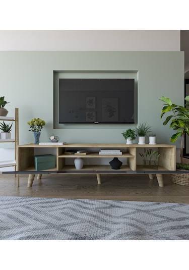 Roma Ahşap Ayaklı Tv Ünitesi Tv Sehpası Safir Meşe - Antrasit