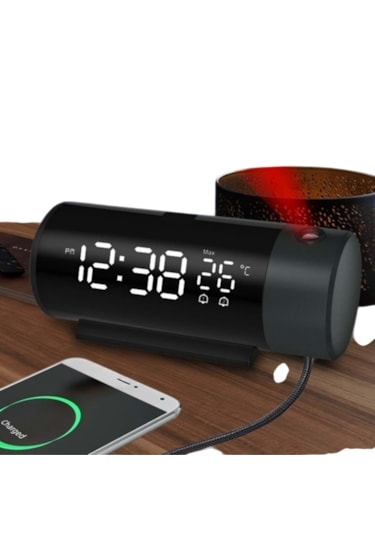 Modern Projeksiyonlu Silindir Led Çalar Saat Dijital Ekran, Usb, Sıcaklık & Çift Alarm Siyah