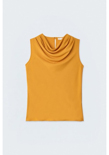 Sateen Degaje Yaka Kolsuz Bluz - Hardal-137384