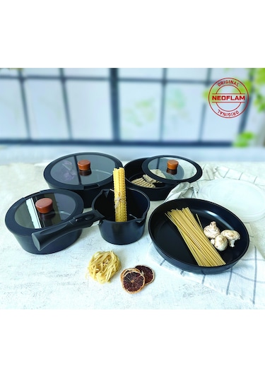 Neoflam Midas Ayrılabilen Saplı İç İçe Geçebilen 11 Parça Tencere Seti Siyah