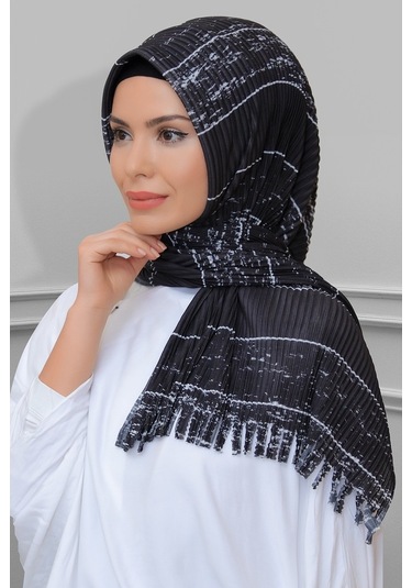 Siyah Pratik Hazır Geçmeli Tesettür Eşarp Kesik Elyaf Piliseli Çi (545491598) Siyah