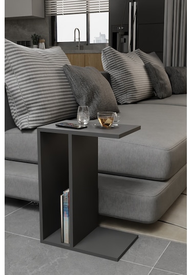 Alpa Ev Mobilya C Tasarım Koltuk Yanı Sehpa, Kitaplıklı Modern Laptop & Kahve Sehpası, Orta Sehpa Antrasit