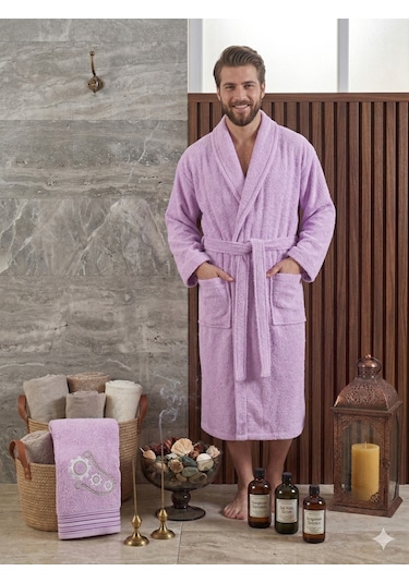 Premium 2'li Aile Bornoz Seti Çeyizlik Pamuklu Hediyelik Banyo Takımı L/xl Leylak