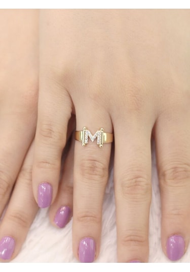 14 Ayar Altın Küçük M Harfli Taşlı Yüzük