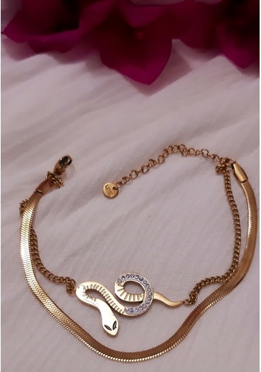 Giftworld Çelik Gold Yılan Bileklik / İki Bileklik Görünümlü Altın
