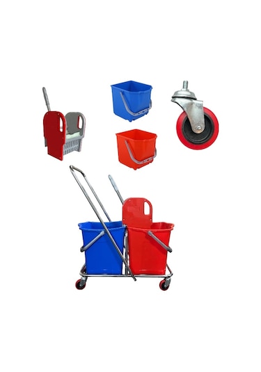 Mck Plus Çift Kovalı Krom Temizlik Arabası Paspas Arabası + Islak Mop Seti