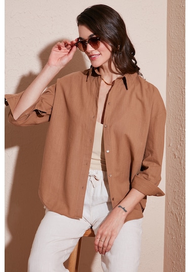 Lela Pamuklu Regular Fit Uzun Kollu Düz Bayan Gömlek Cf25S168305 Camel