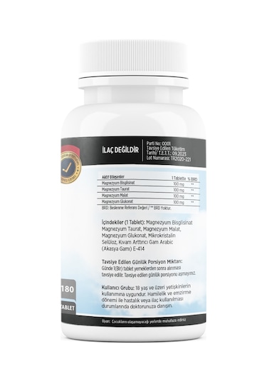 Elemental Magnesium Bisglisinat Malat Taurat Glukonat 180 Tablet