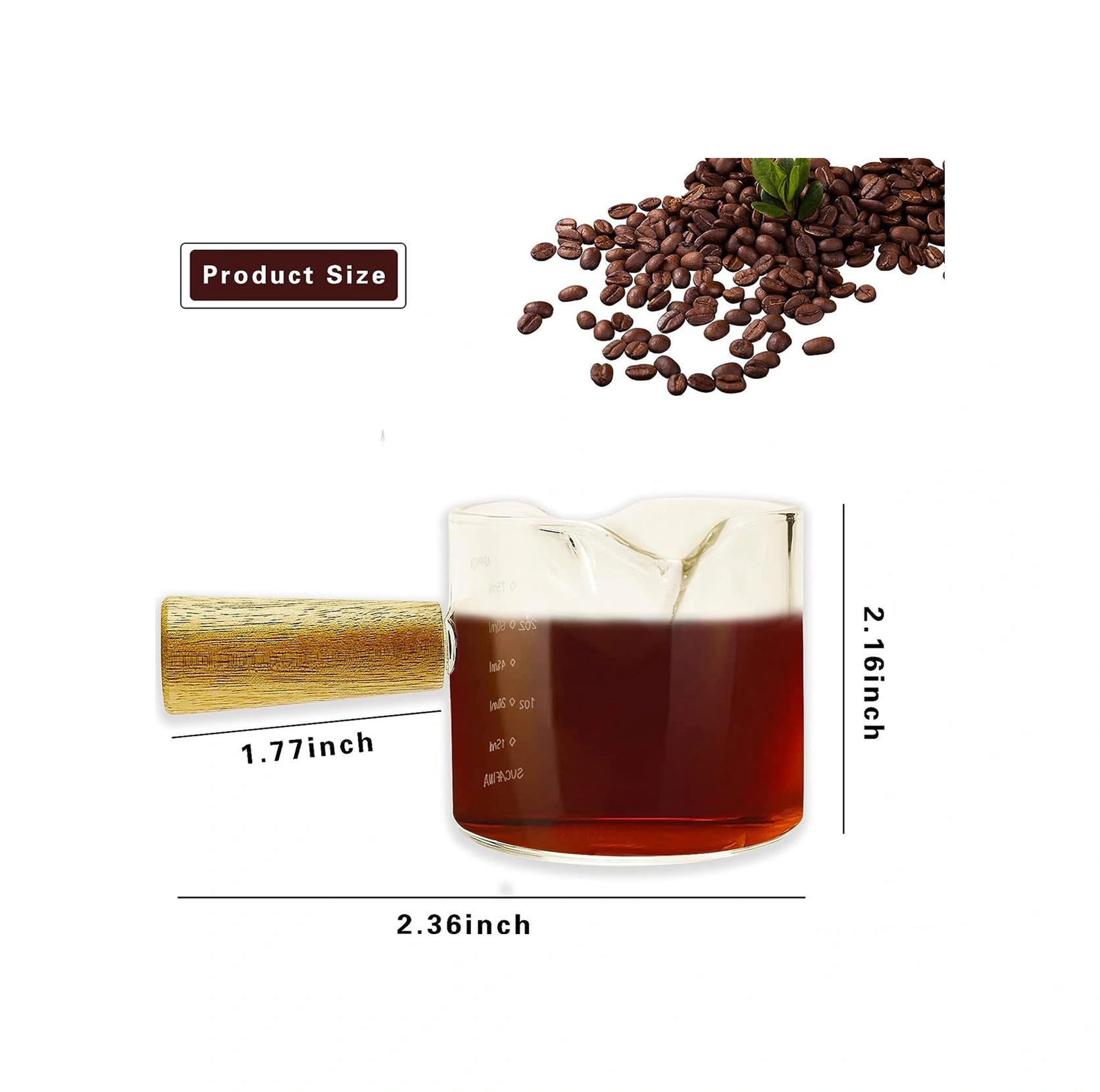 Yunboo 75 Ml Cam + Ahşap İki Ağızlı Espresso Ölçü Bardağı, Isı Yalıtımı Ahşap Saplı, Dökülmeyen, Net Ölçekli 2 Adet Şeffaf