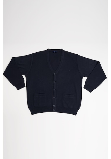 Ön Cepli V Yaka Battal Büyük Boy Düğmeli Yünlü Triko Hırka Lacivert