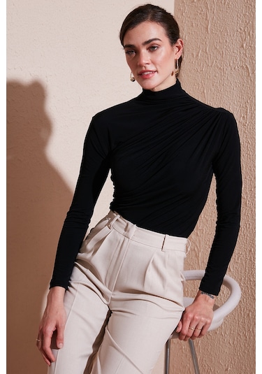Lela Streç Büzgü Detaylı Slim Fit Dik Yaka Bayan Bluz 669925 Siyah