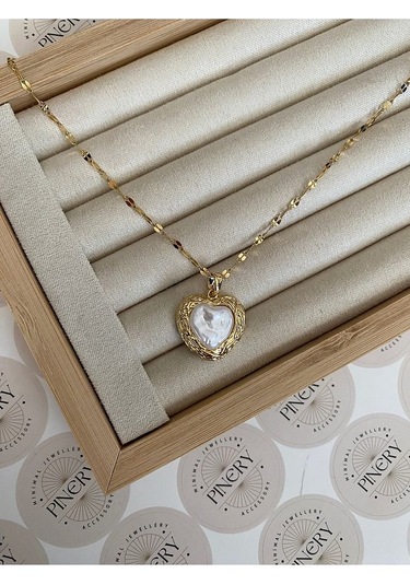 İncili Kalp Paslanmaz Çelik Kararmaz Kadın Kolye Modern Ve Şık Altın