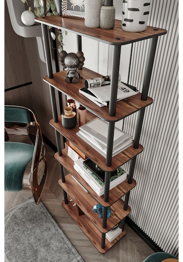 Dekoratif Masivo Kitaplık 6 Katlı 30x60 Dikdörtgen Çok Amaçlı Raf Madran Ceviz Ceviz