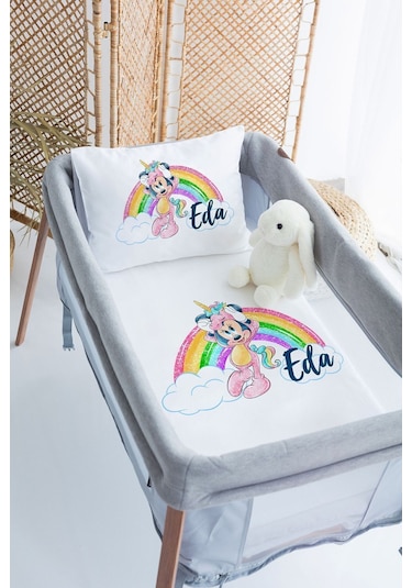 Lilabio %100 Pamuk Saten İsme Özel İsimli 70x120 Park Yatak Nevresim Seti Minnie Ve Gökkuşağı