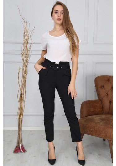 Bluence Beli Kemerli Siyah Dar Paça Kumaş Pantolon Siyah