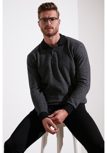 Buratti Pamuklu Regular Fit Düğmeli Polo Yaka Erkek Kazak 456211 Gri