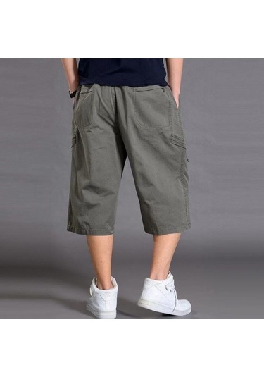 Yaz Erkek Gevşek Kargo Pantolon Rahat Büyük Artı Boyutu Geniş Bacak Çok Yönlü Şort Kırpılmış Pantolon Eşofman Altı Asker Yeşili Haki