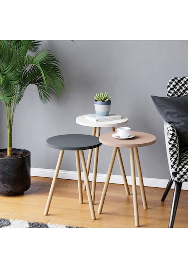 İntergo Renkli Üçlü Ahşap Ayaklı Yuvarlak Pastel Tasarım Zigon Sehpa Beyaz-Cappuccino-Gri