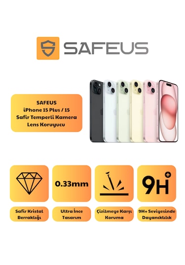 Safeus Safir Temperli Kamera Lens Koruyucu Apple Uyumlu iPhone 15 Plus Ve İle Mavi