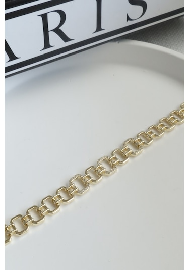 Kadın Bileklik Kararmaz 14k Altın Renk Vip Seri İthal Zirkon Taşlı Künye Model Bileklik Altın