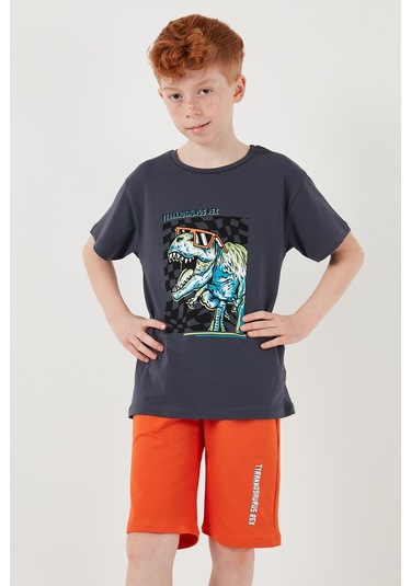 Lela Pamuklu Regular Fit Bisiklet Yaka Şortlu Alt-Üst Erkek Çocuk Takım 6212016 Füme