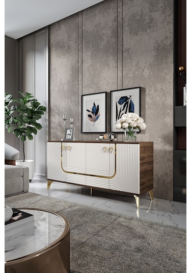 ART KONSOL MDF MEBRAN KAPAK CEVİZ KREM GOLD