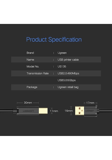 Ugreen Usb 3.0 Tip A Erkek - Tip B Erkek Altın Kaplama Yazıcı Kablosu Veri Kablosu, Canon, Epson, Hp İçin, Kablo Uzunluğu: 2m