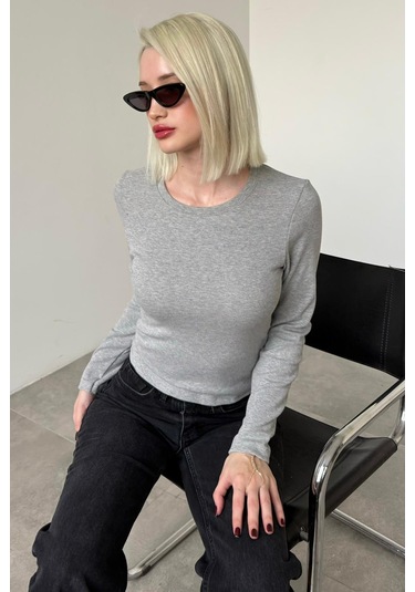 Madmext Gri Bisiklet Yaka Slim Fit Kadın Body Mg2564 Gri