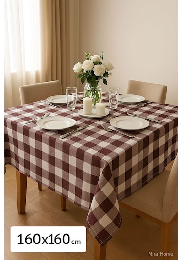 Mira Home Kareli Masa Örtüsü Sofra Bezi 160x160 Cm Happytime Bordo