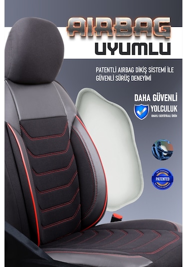 Renault Megane 2 Station Wagon Uyumlu Lüx Deri Detaylı Oto Koltuk Kılıfı Ön Arka Takım Carbon Siyah Kırmızı