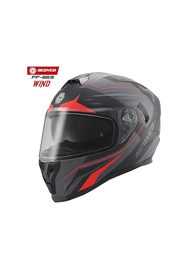 Scoyco FF-869 Wind Güneş Vizörlü Kapalı Kask Gri - Kırmızı - Mat Siyah
