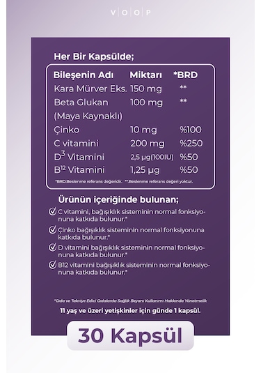 Voop Beta Glukan 1.3-1.6 Kara Mürver Vitamin C Çinko 30 Kapsül