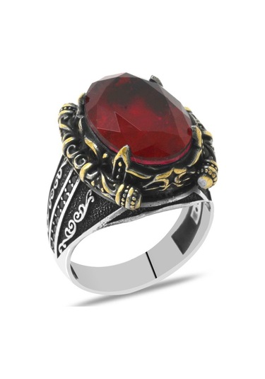Faset Kırmızı Zirkon Taşlı Otantik Tasarım 925 Ayar Gümüş Erkek Yüzük