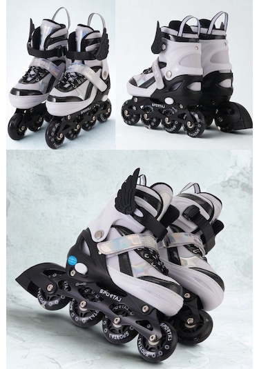 Melek Kanatlı Işıklı Çocuk Pateni Silikon Teker Ayarlanabilir Paten Taşıma Çantalı Siyah Siyah