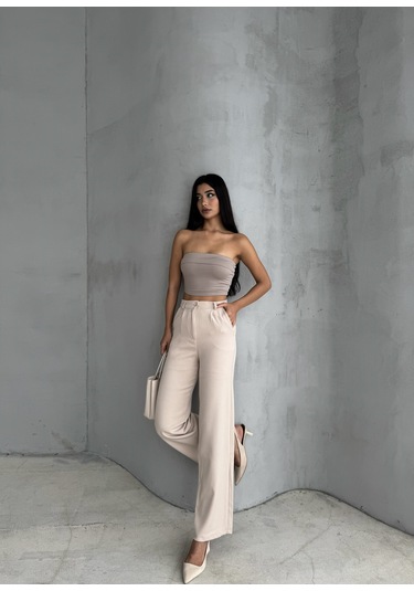 Kadın Palazzo Pantolon Oversize Kesim Bej