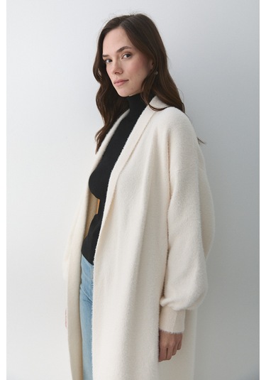 Krem Boydan Uzun Triko Hırka - 251015 Krem