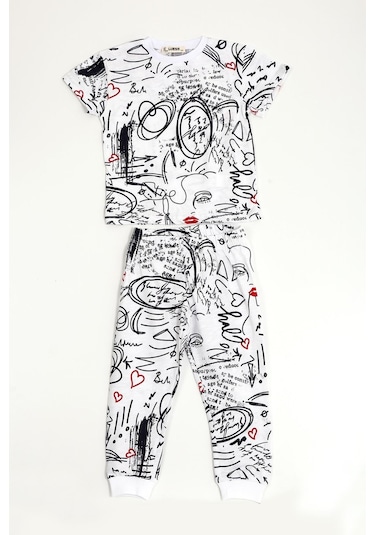 Luess Çocuk Baskılı %100 Pamuk Suprem Pijama Takımı-Beyaz