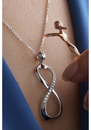 Gümüş Sonsuzluk Sarılan Çift Kolyesi Taşlı Wsn140