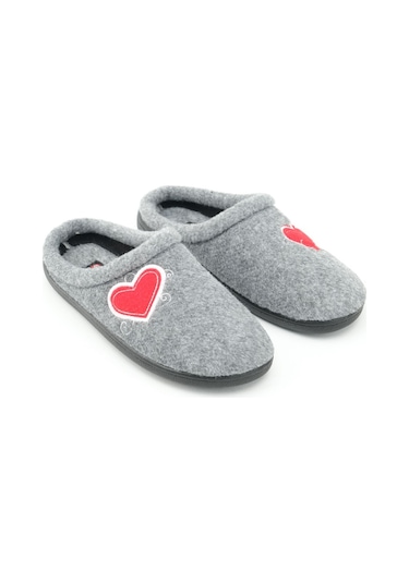 Gezer Kışlık Comfort Taban Kalp Desenli Keçe Kadın Terlik - Gri