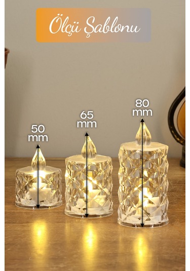 3 Lü Elmas Kristal Desenli Led Mum Seti Pilli Dumansız Alevli Dekoratif Yapay Mum Sarı