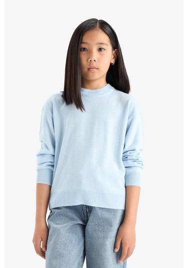 Defacto Kız Çocuk Standart Fit Bisiklet Yaka Triko Kazak C6902a825aube366 Mavi