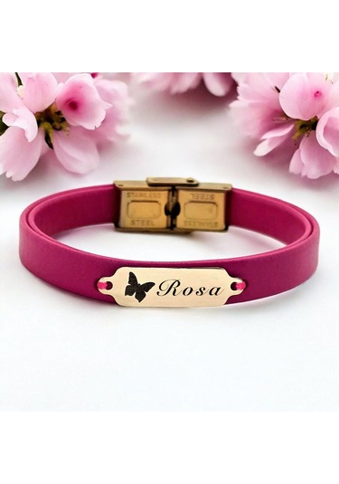 Archin Rosa İsmine Özel 14 Ayar Altın Plakalı Doğal Pembe Derili Kelebek Figürlü Hediye Bileklik-651isim Rosa