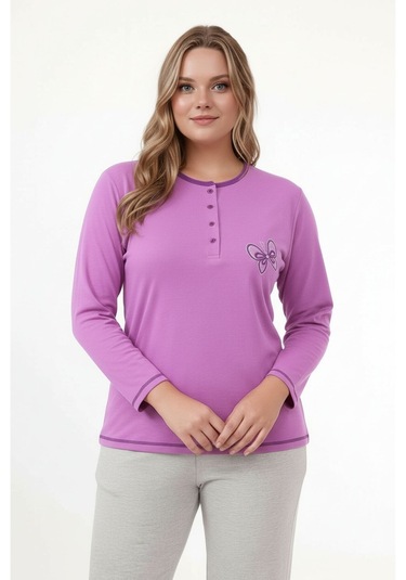 Kadın Bisiklet Yaka Düğmeli Kelebek Nakışlı Uzun Kol Büyük Beden Pamuk Curve Gecelik mor