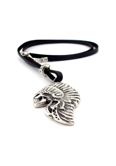 Solfera Kızılderili Kurukafa Siyah Deri Metal Erkek Kolye Q0592 Gümüş