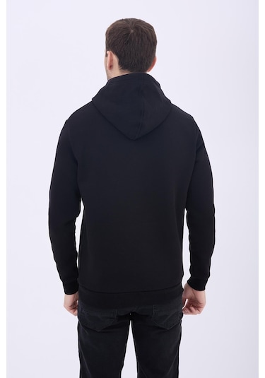 Erkek 3 İplik Pamuklu İçi Polarlı Regular Fit Nakışlı Kapüşonlu Kanguru Cepli Siyah Sweatshirt Siyah