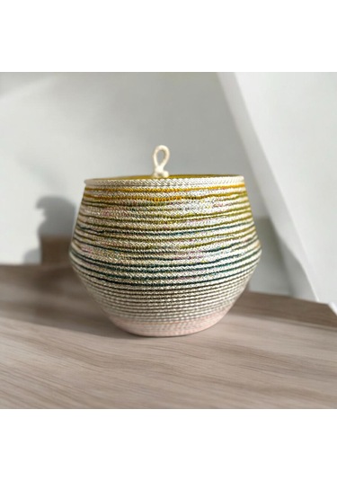 Hasır Sepet, Jüt Sepet, Doğal Hasır Sepet, Çok Amaçlı Dekoratif Hasır Sepet, Renkli Kapaklı Sepet Ekru