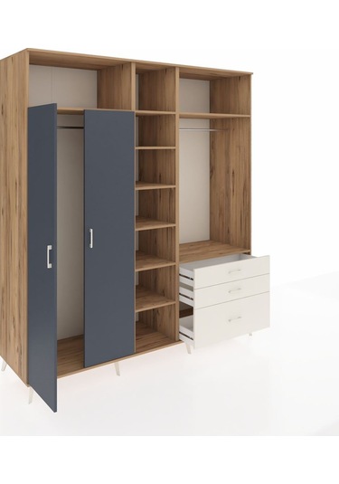 Kronos Dolap 9 Raflı 3 Çekmeceli 2 Askılı 220x59x243 Çam-antrasit/aytaşı Antrasıt/aytası