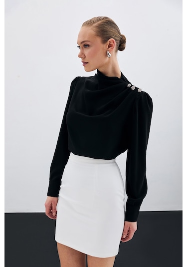 Sateen Düğmeleri Taş Detaylı Bluz - Siyah