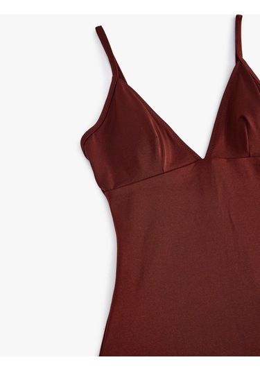 Koton Astarlı V Yaka İnce Askılı Mayo Kahverengi 5sak20042mm Kahve